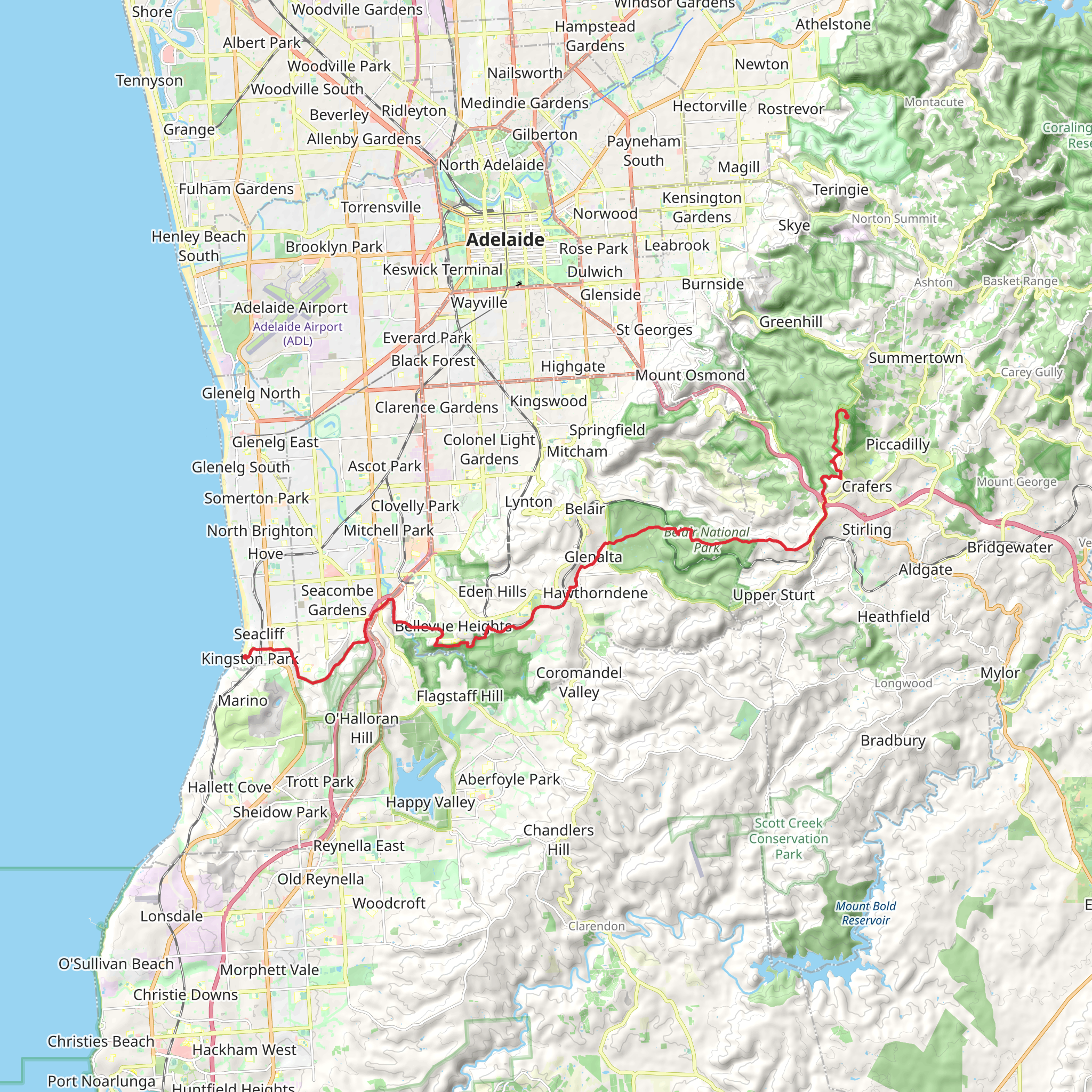 Sea to Summit Trail - Kingston Park Beach to Mt Lofty Summit mobile static map