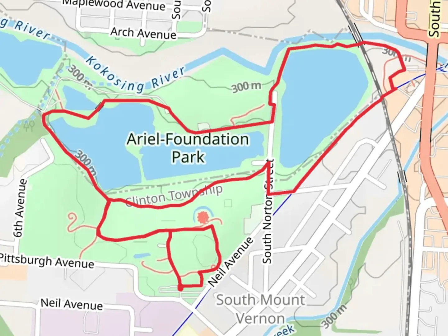 An image depicting the trail Ariel Foundation Park and Kokosing River Loop and its surrounding area.