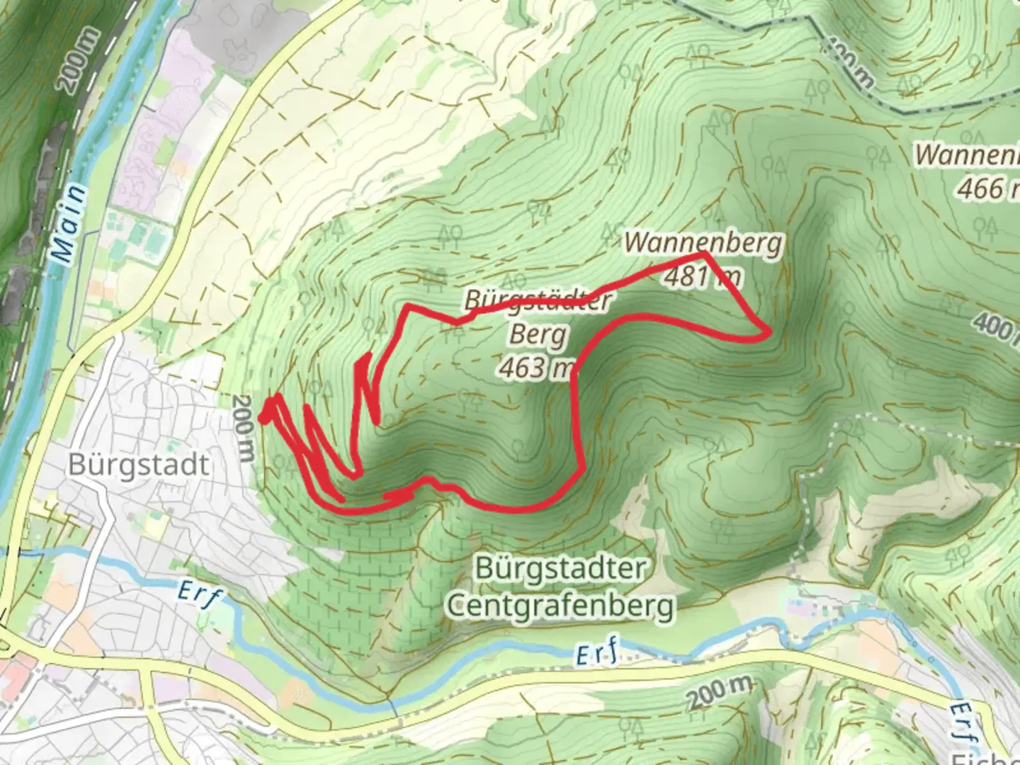 An image depicting the trail Buergstadt Loop and its surrounding area.