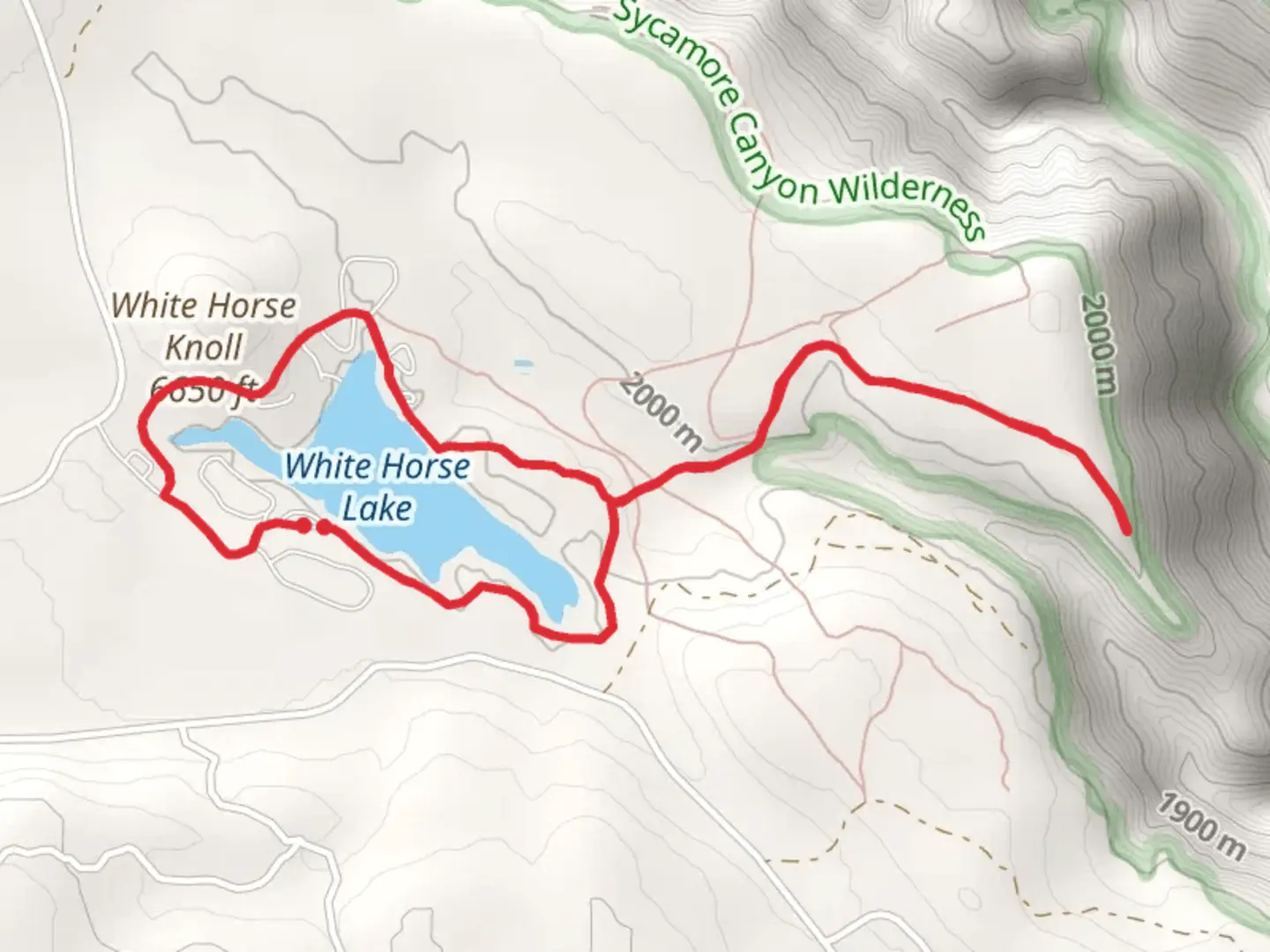 An image depicting the trail Canyon Overlook Trail and White Horse Lake Loop and its surrounding area.