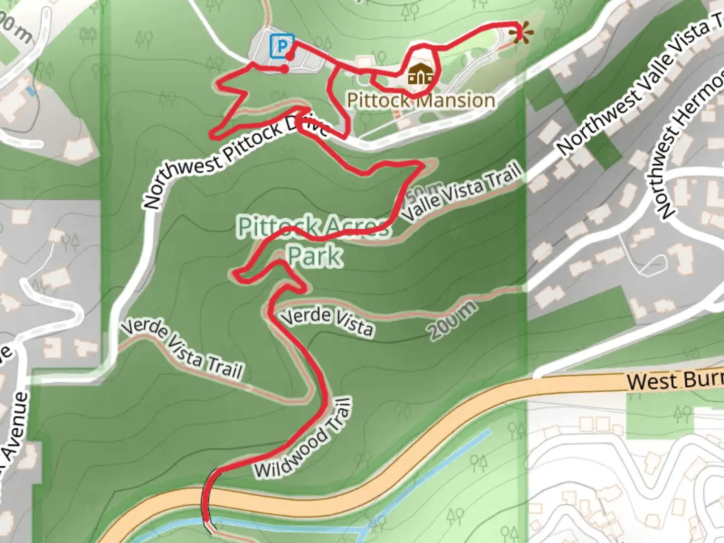 An image depicting the trail Wildwood Loop Trail Out and Back and its surrounding area.