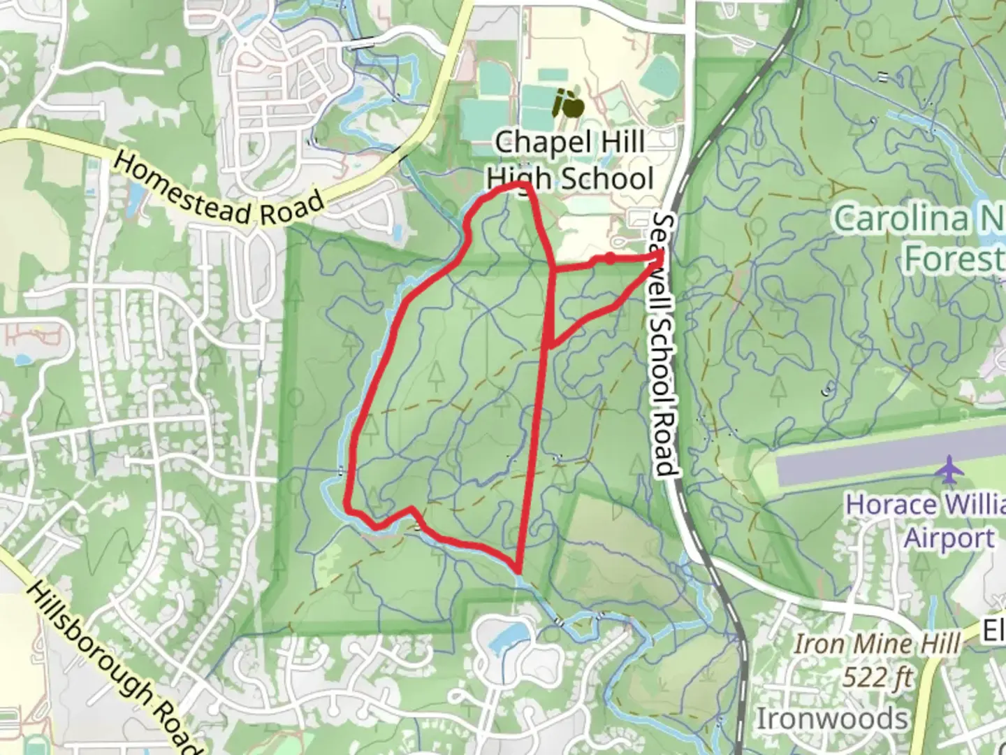 An image depicting the trail OWASA Corridor Loop and its surrounding area.