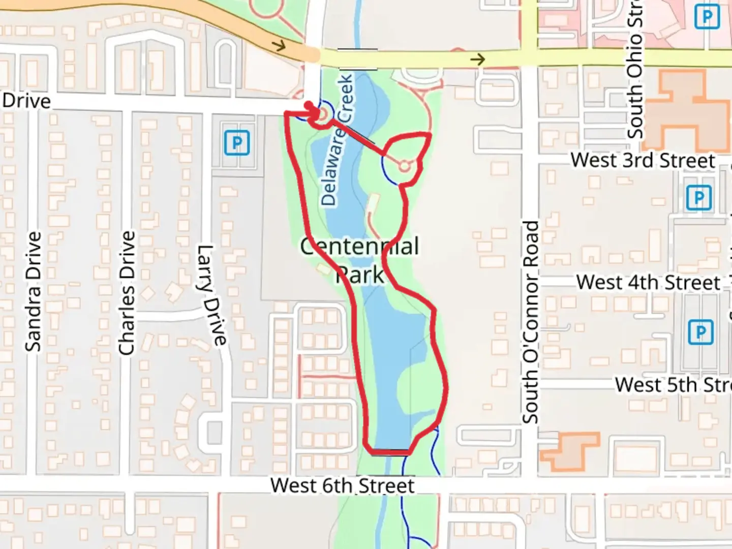 An image depicting the trail Centennial Park Loop and its surrounding area.