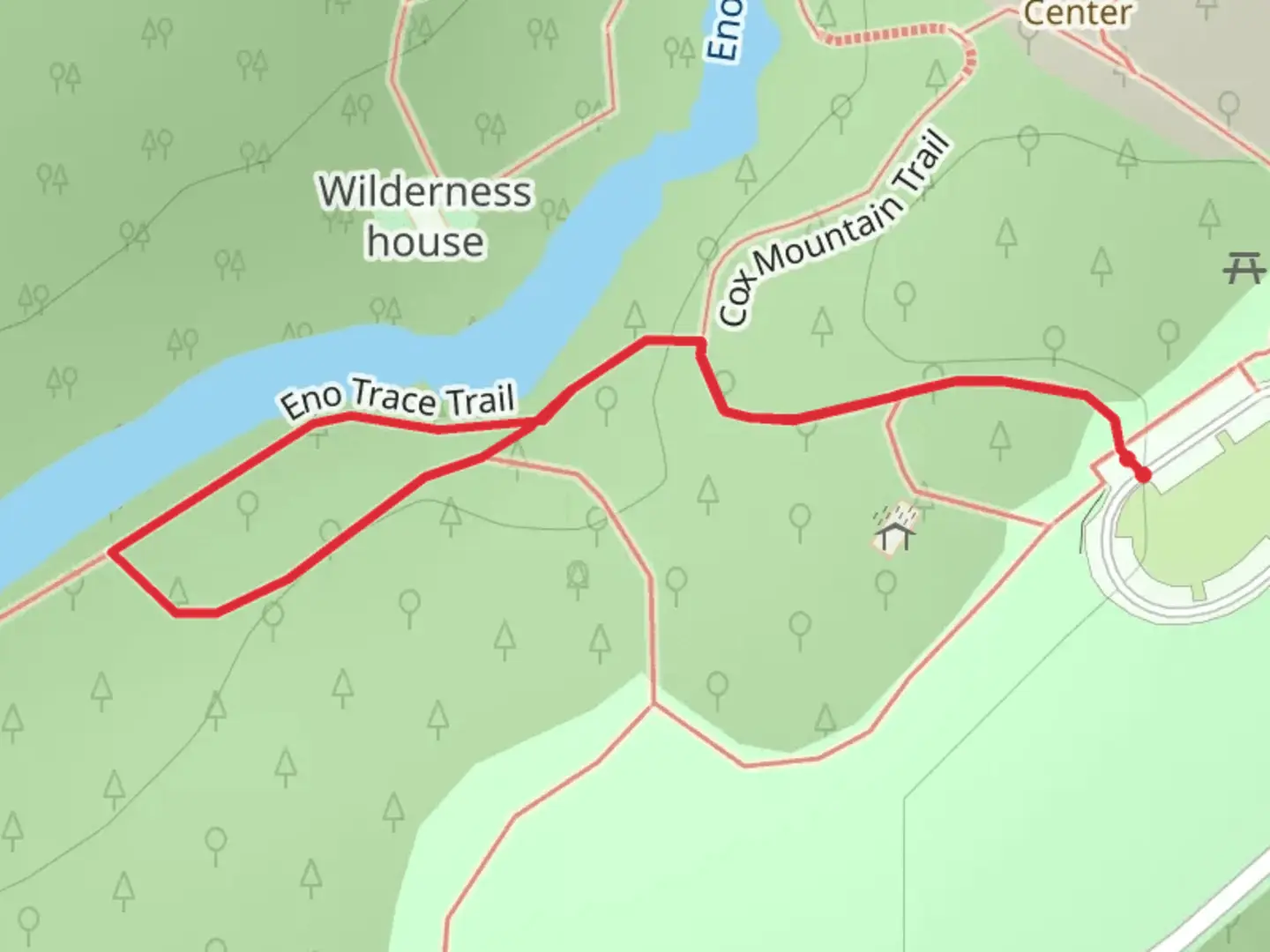 An image depicting the trail Eno Trace Trail and Cox Mountain Trail and its surrounding area.