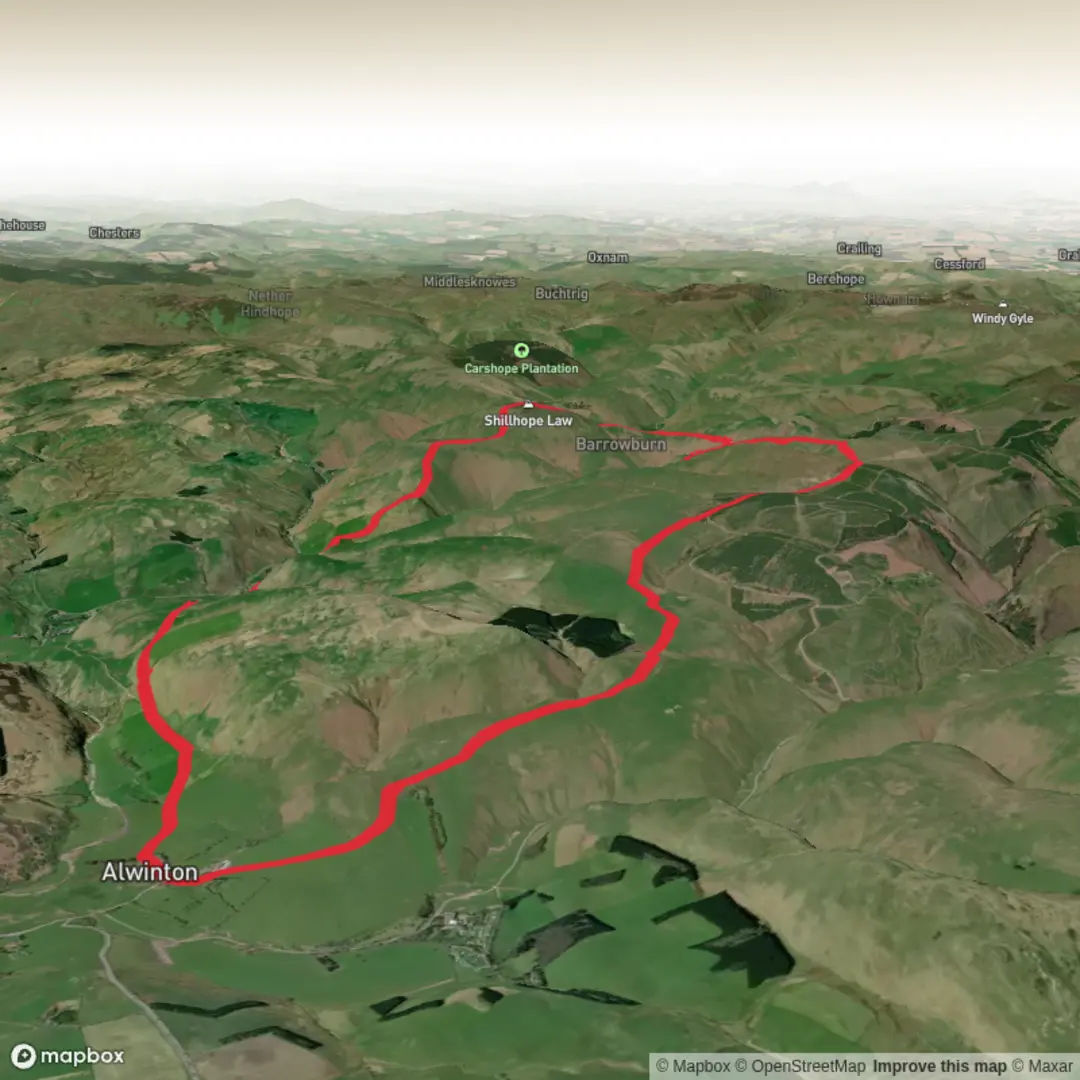 An image depicting the trail Saughy Hill and Shillhope Law Loop and its surrounding area.