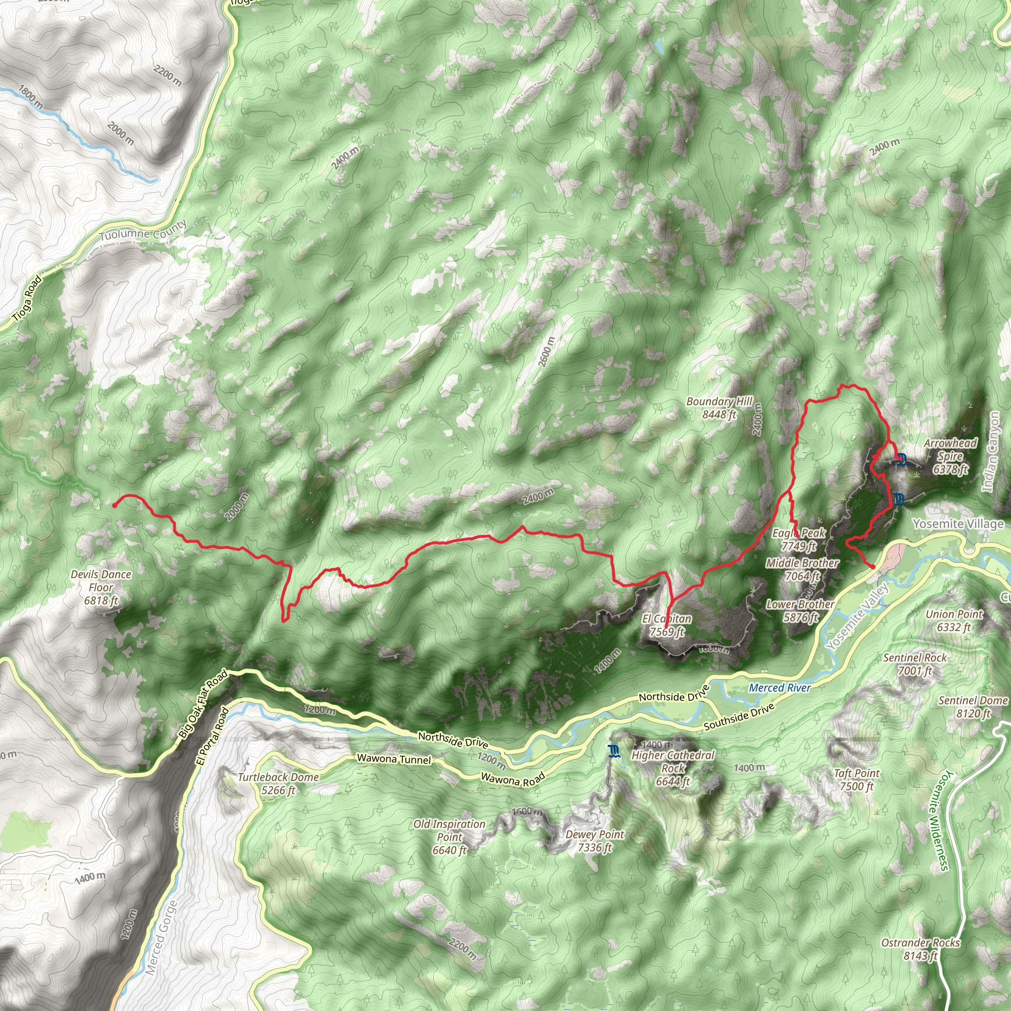 El Capitan, K P Pinnacle and Eagle Peak - Old Dig Old Flat Road Trail mobile static map