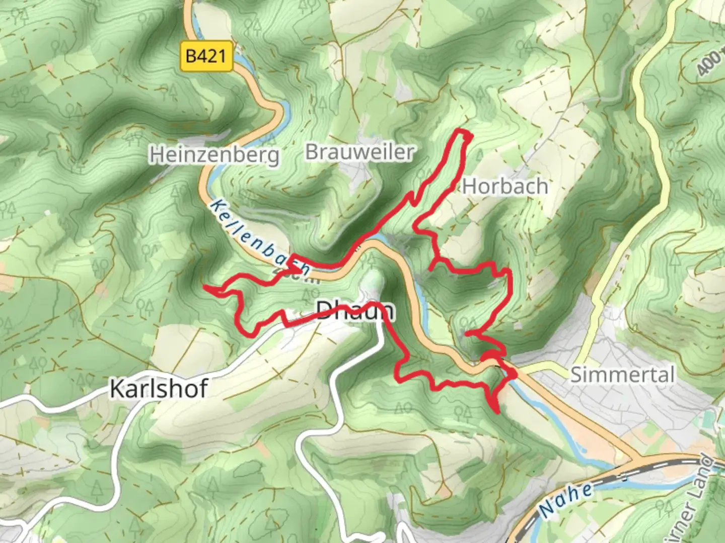 An image depicting the trail Rabenkanzel, Uhu-Warte and Falkenstein Loop via Bergmuhle and its surrounding area.