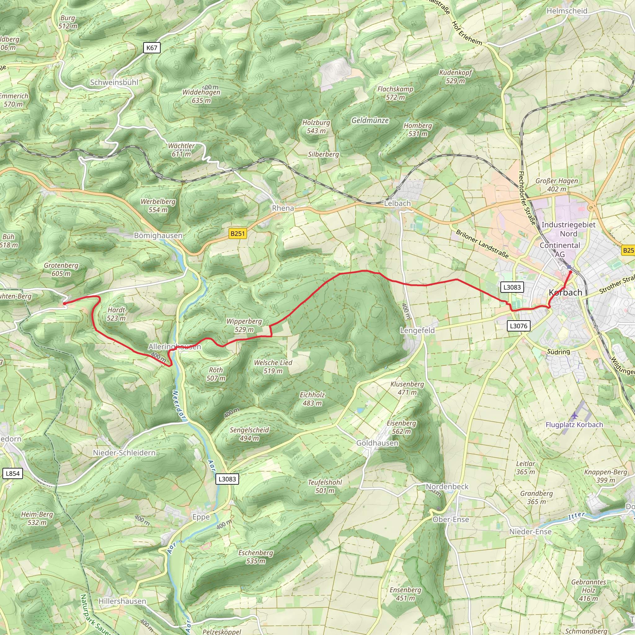 Welleringhausen to Korbach Hauptbahnhof via Upland-Weserbergland Weg mobile static map