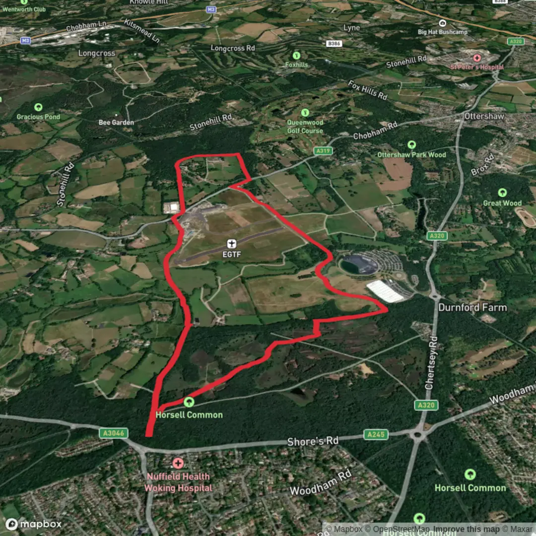 An image depicting the trail Walk from Horsell Common and its surrounding area.