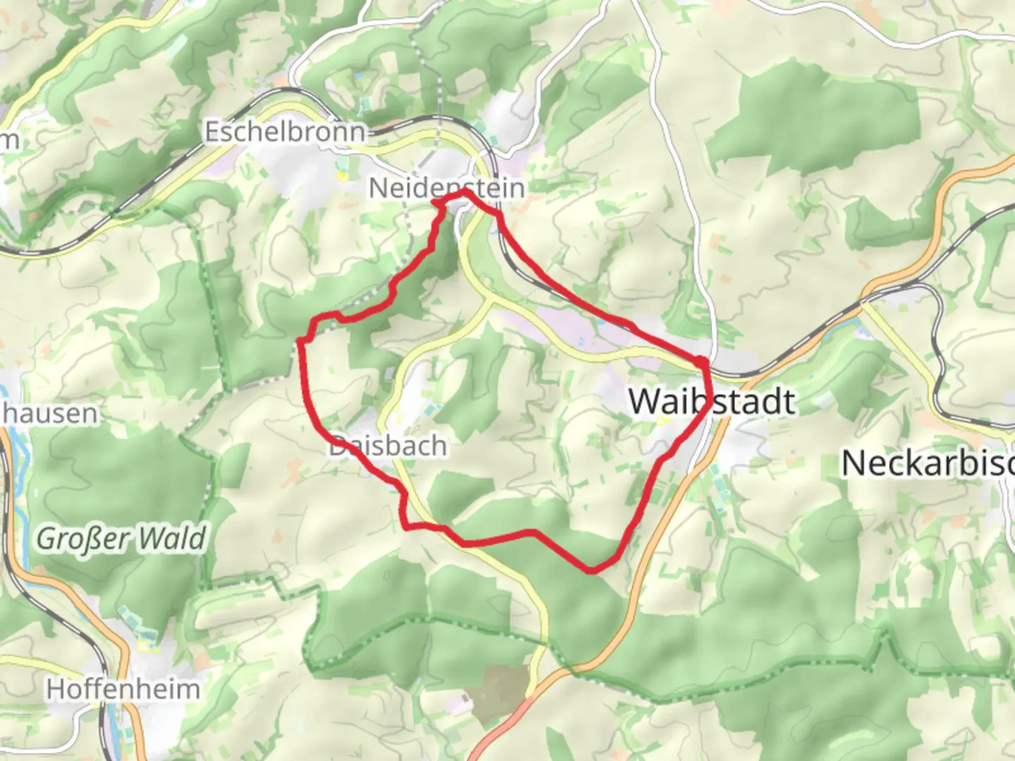 An image depicting the trail Neidenstein Weg and Hetzengrundweg and its surrounding area.