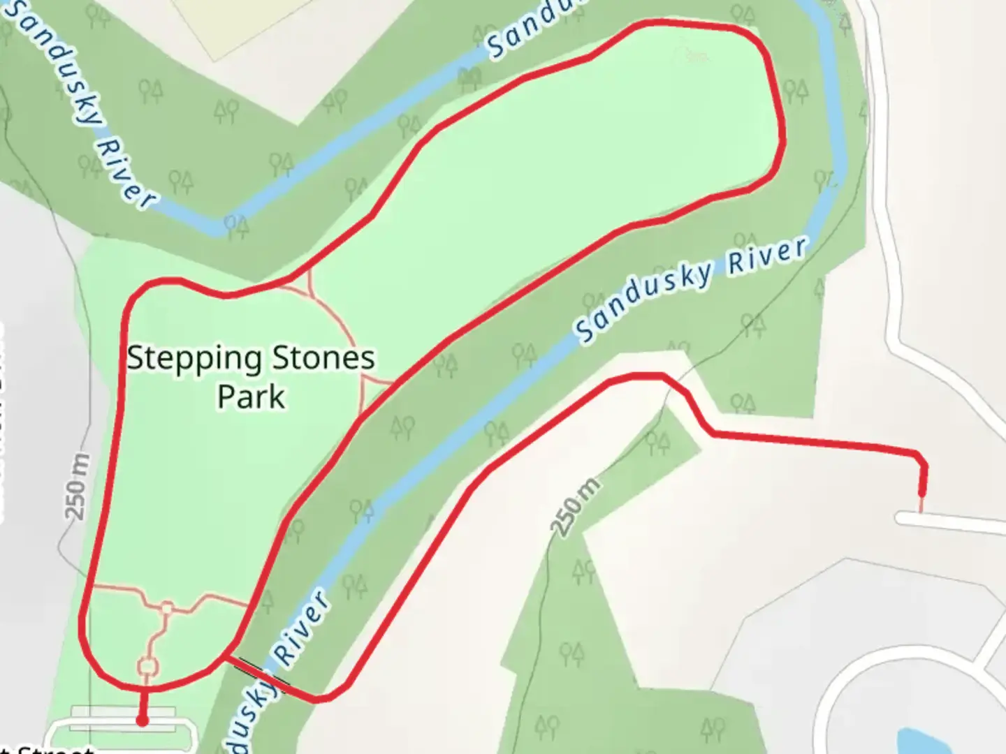 An image depicting the trail Stepping Stones Park Loop and its surrounding area.