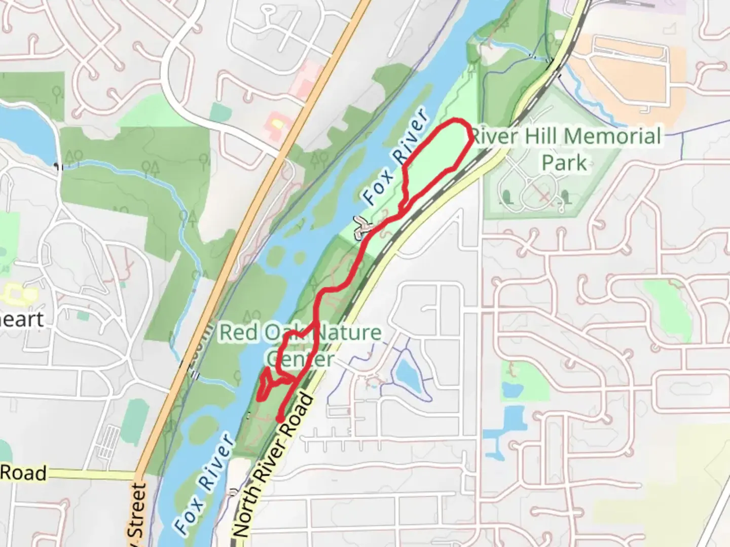 An image depicting the trail Red Oak Nature Centre and Lippold Park Loop and its surrounding area.