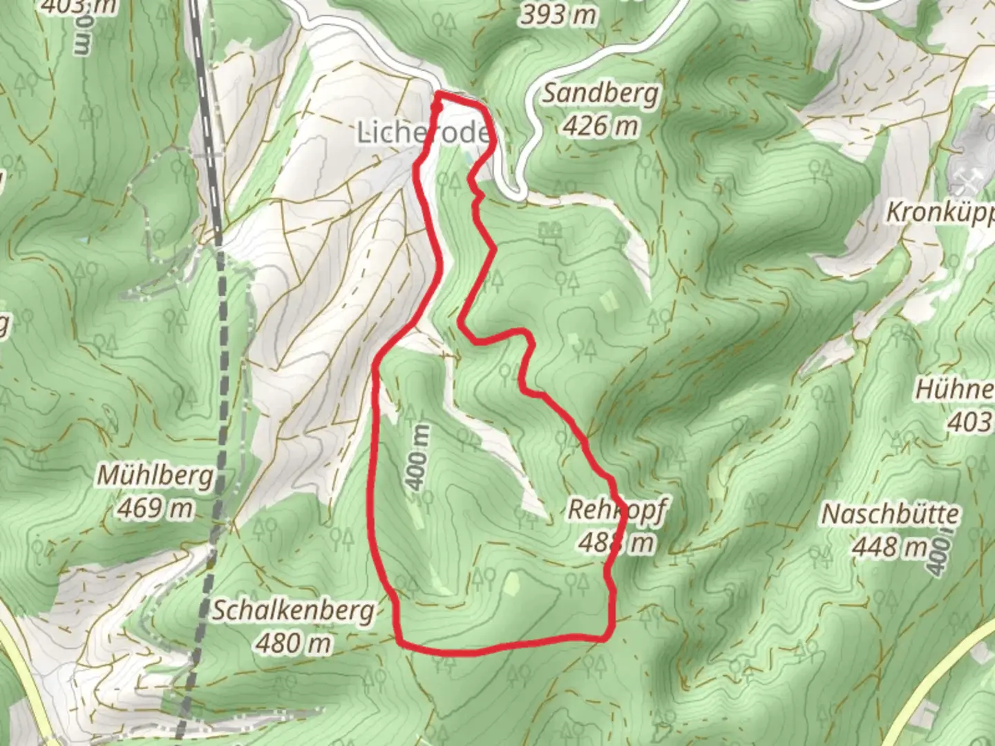 An image depicting the trail Rehkopf via Licherode Rundweg and its surrounding area.