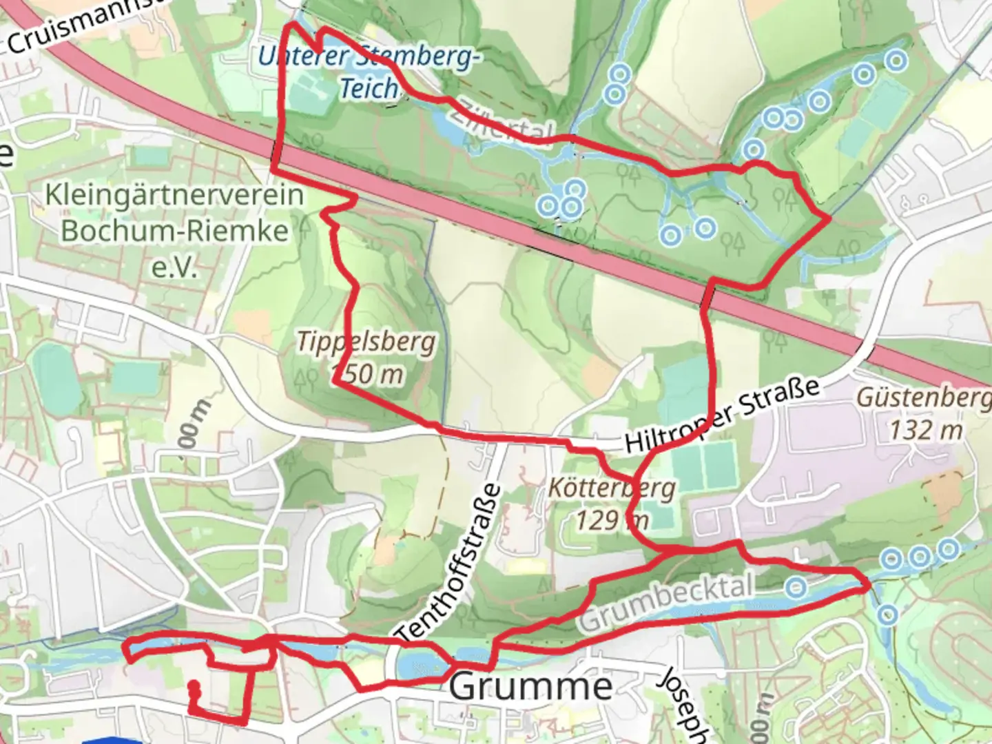 An image depicting the trail Kaiserauenteich and Unterer Stemberg Teich via Balken Grumme Castrop and Rund um Bochum and its surrounding area.