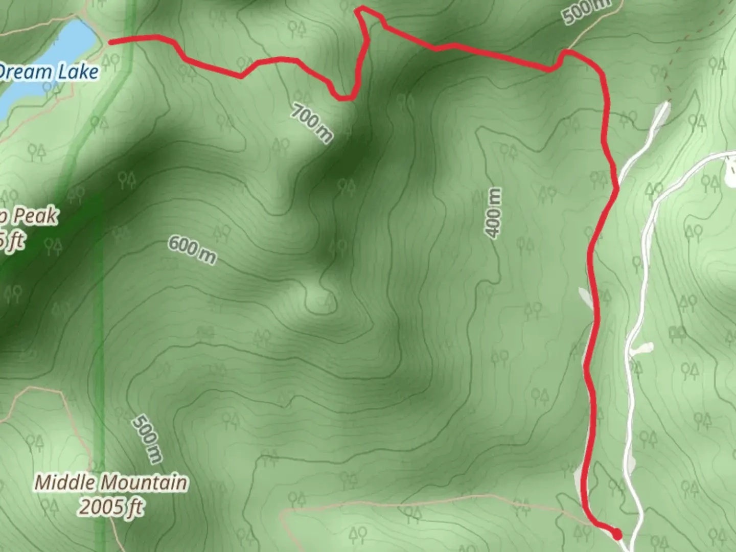 An image depicting the trail Dream Lake Trail via Millbrook Road and its surrounding area.
