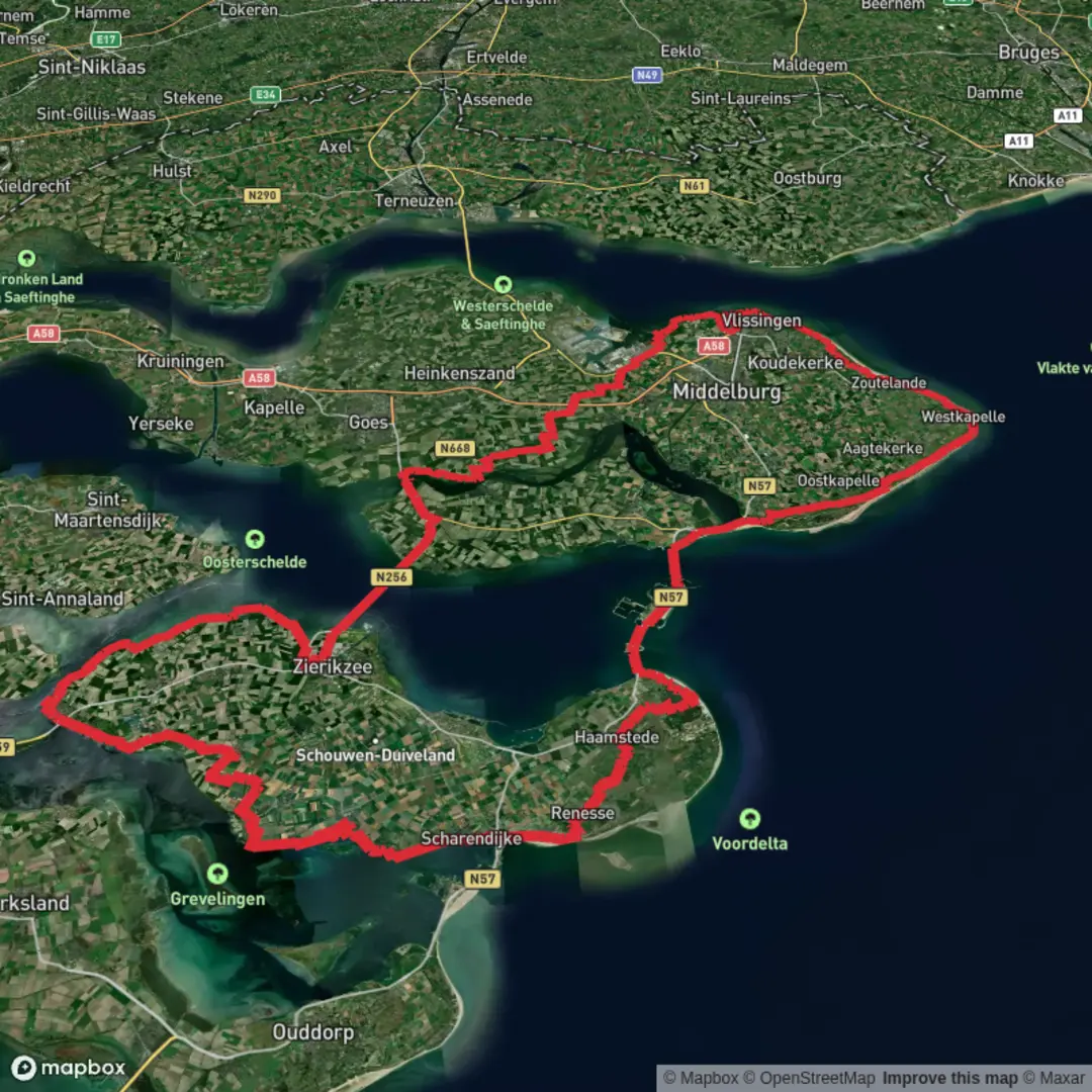 An image depicting the trail Zeeland Bridge, Europapad West, Zwanenburg, Strand Zoutelande and Schelpweg Loop and its surrounding area.