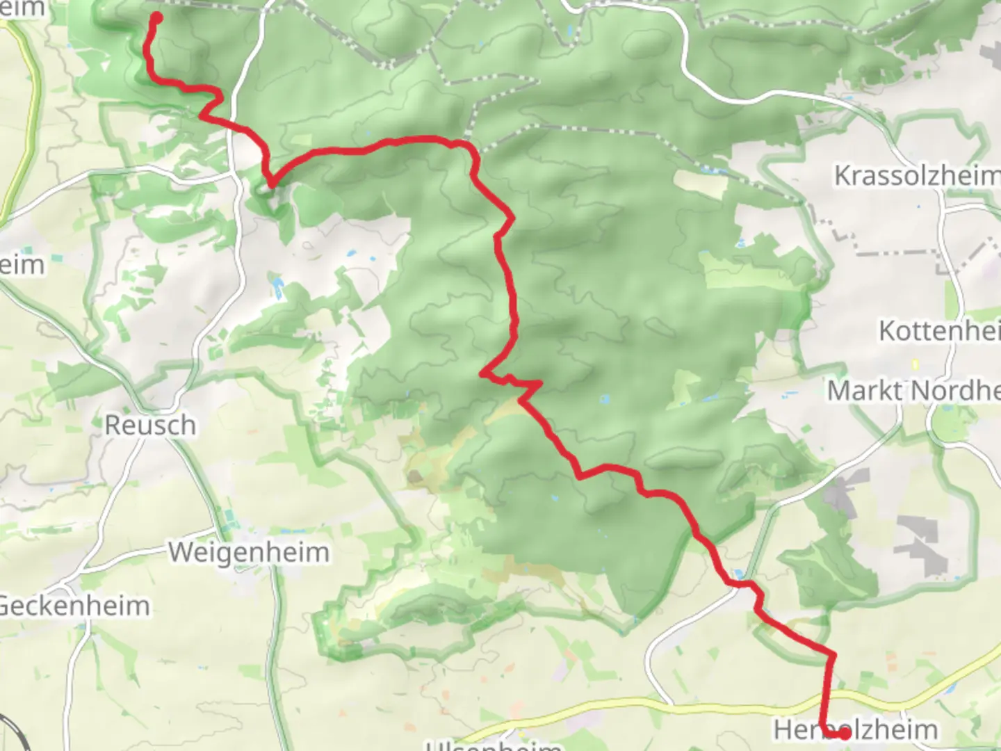An image depicting the trail Herbolzheim to Kapellberg via Steigerwald Panoramaweg and its surrounding area.