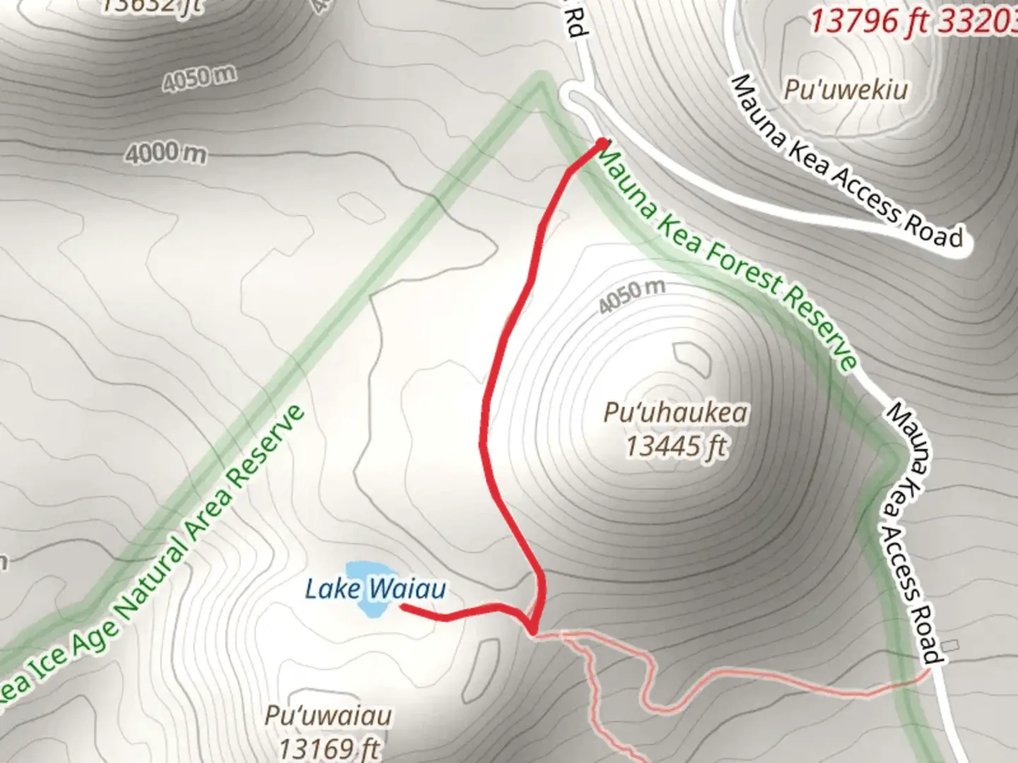An image depicting the trail Lake Waiau via Mauna Kea-Humu'ula Trail and its surrounding area.