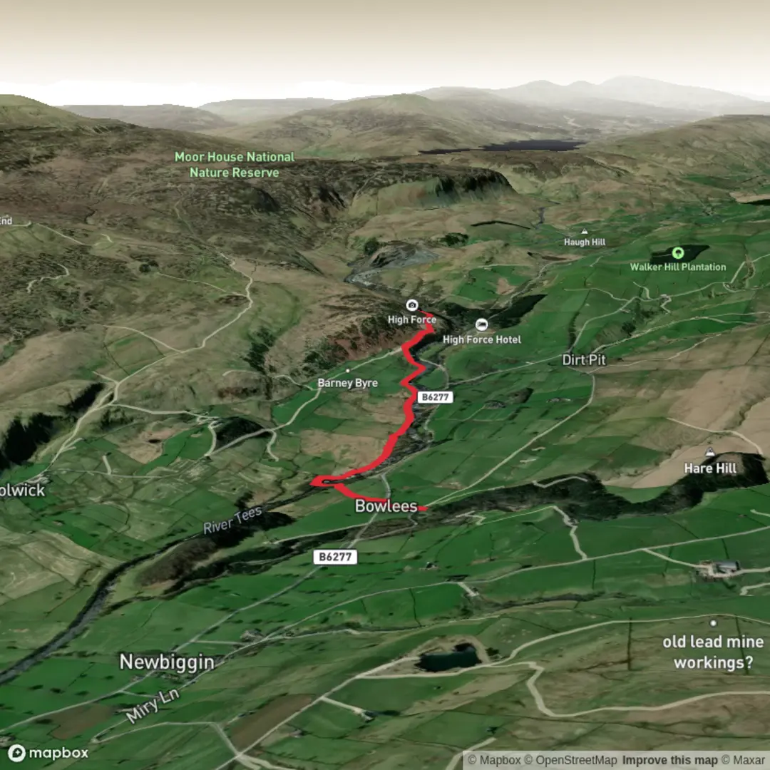 An image depicting the trail Bow Lees visitor centre to High force and its surrounding area.