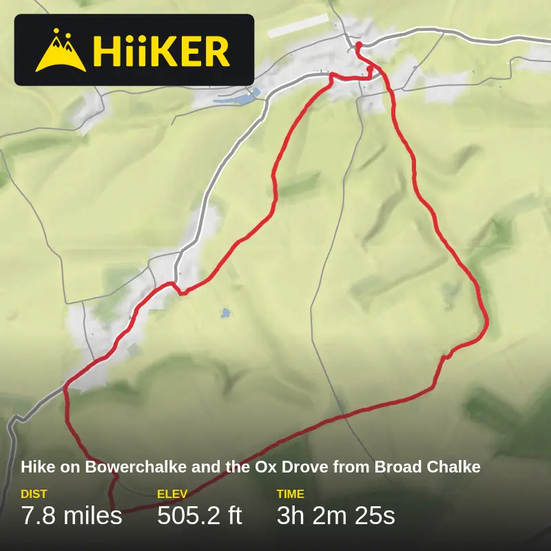 A map preview of the recording Hike on Bowerchalke and the Ox Drove from Broad Chalke.