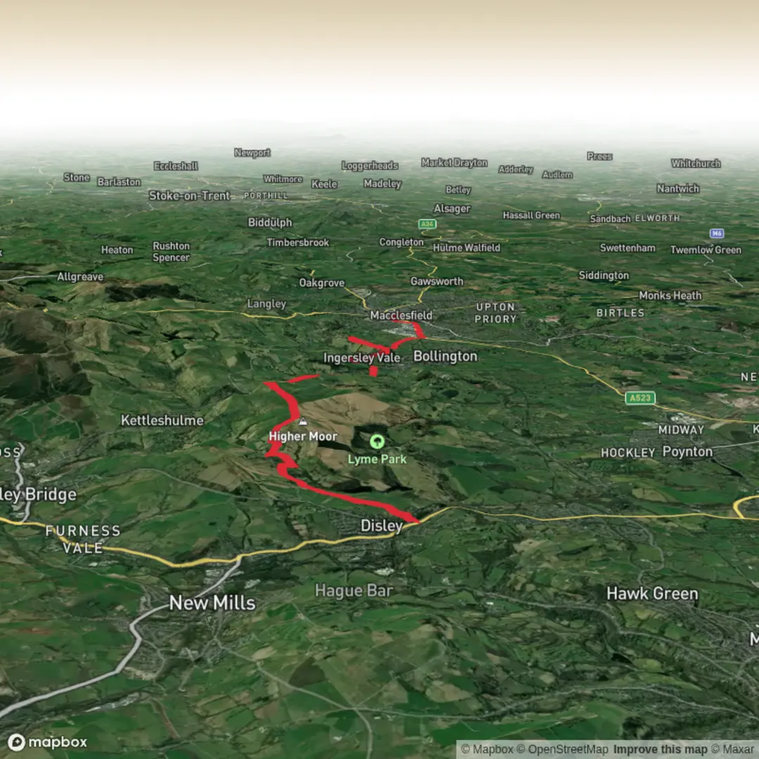An image depicting the trail Disley To Macclesfield via Sponds Hill and White Nancy and its surrounding area.