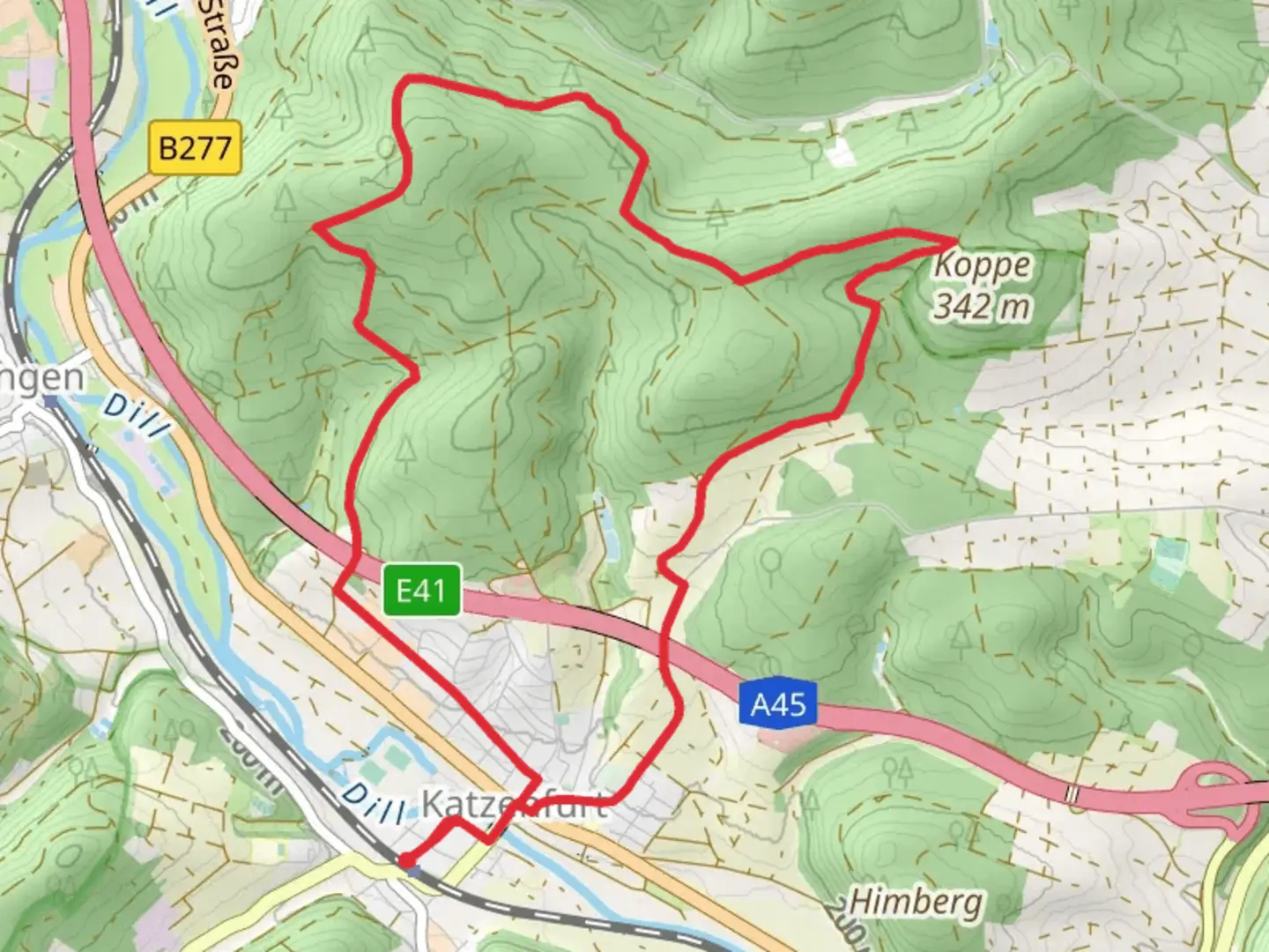 An image depicting the trail H 8 Hoerre Weg and Katzenfurter Historischer Rundwanderweg and its surrounding area.