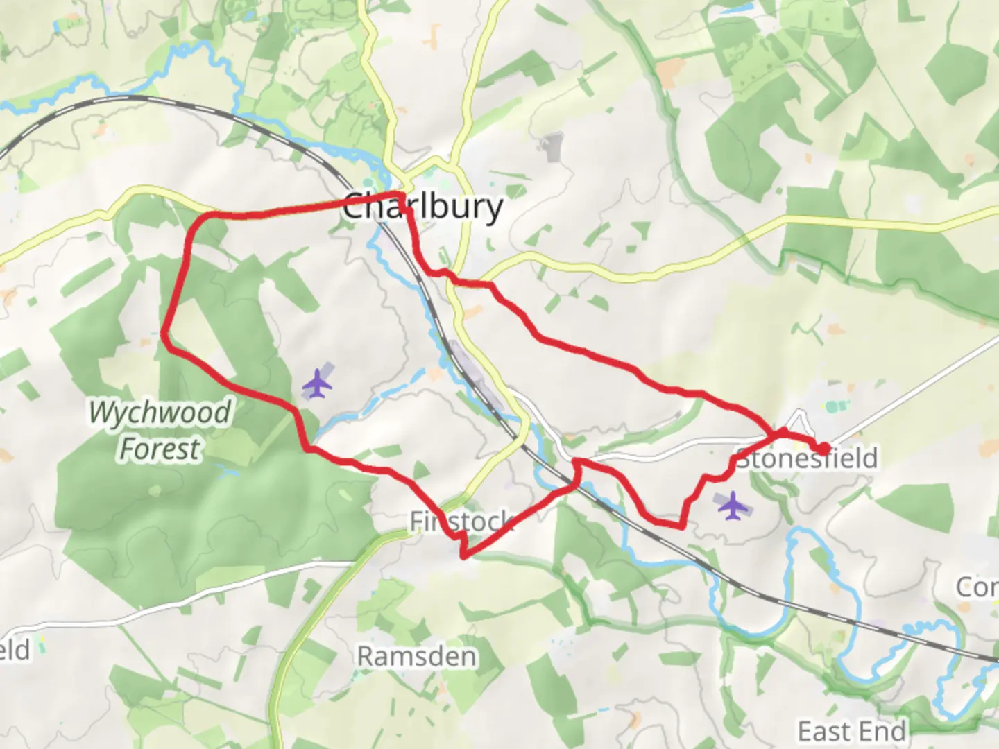 An image depicting the trail Stonesfield, Finstock and Charlbury Loop and its surrounding area.
