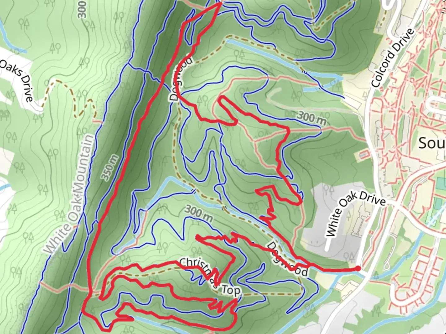 An image depicting the trail Dogwood, Krebs Cycle and Mid Ridge Loop and its surrounding area.