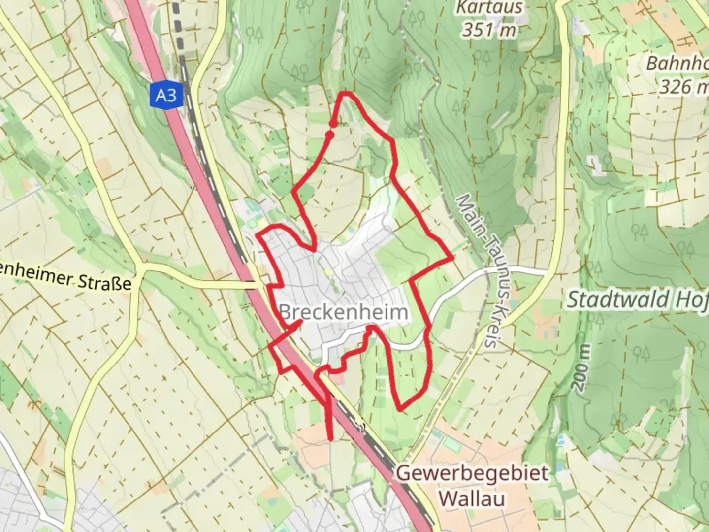 An image depicting the trail Breckenheim Rundwanderweg and its surrounding area.