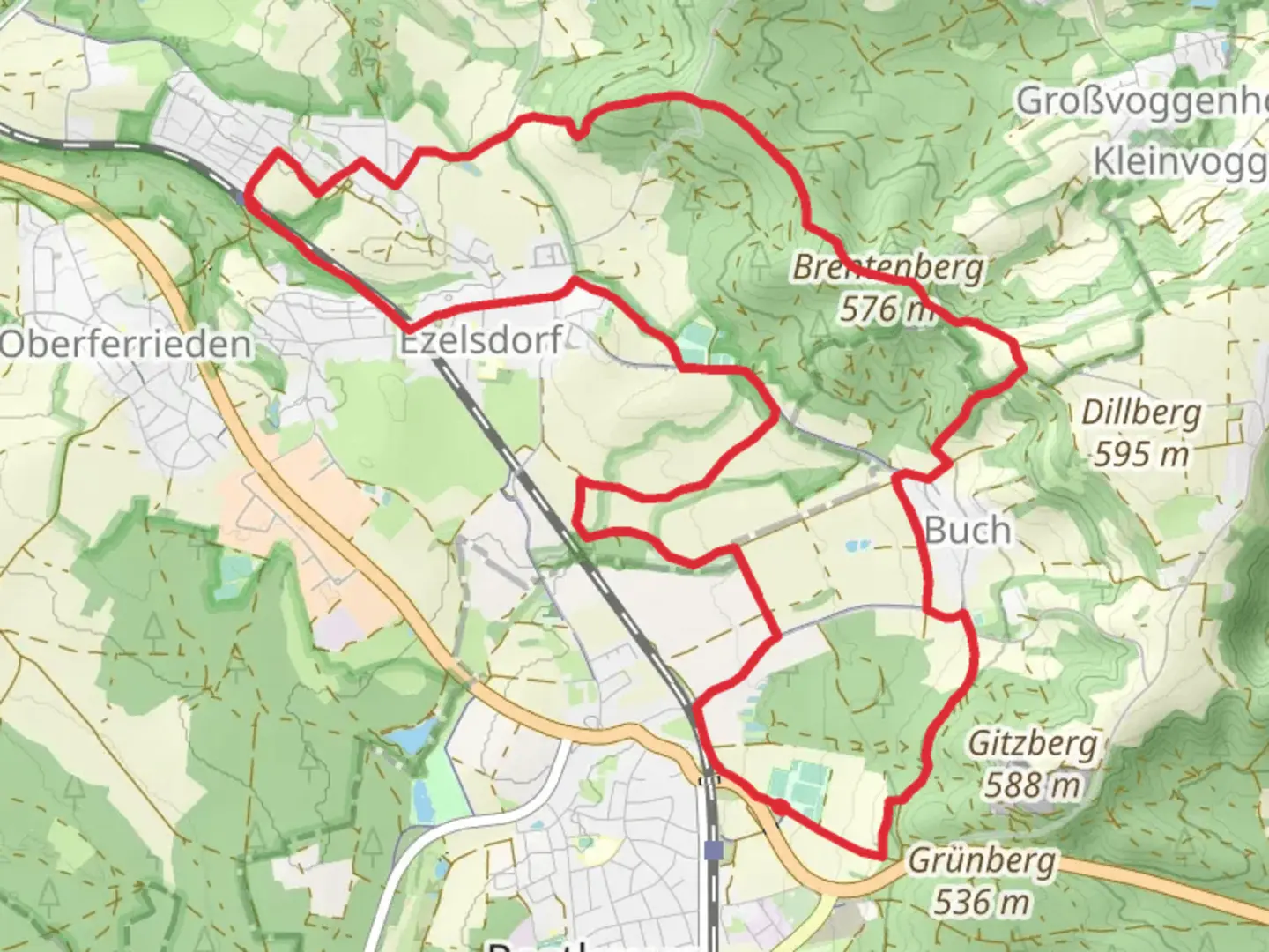 An image depicting the trail Goldhutweg and Burgthann Loop and its surrounding area.