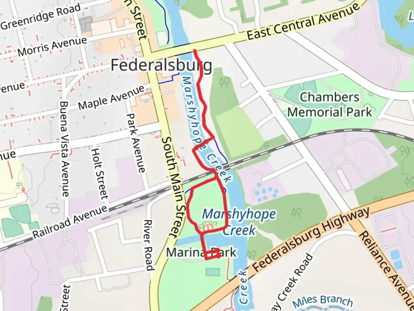 An image depicting the trail Marshyhope Creek Greenway Loop Trail - Marina Park and its surrounding area.