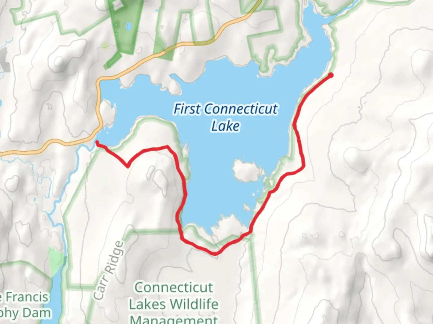 An image depicting the trail Connecticut River - First Connecticut Lake and its surrounding area.