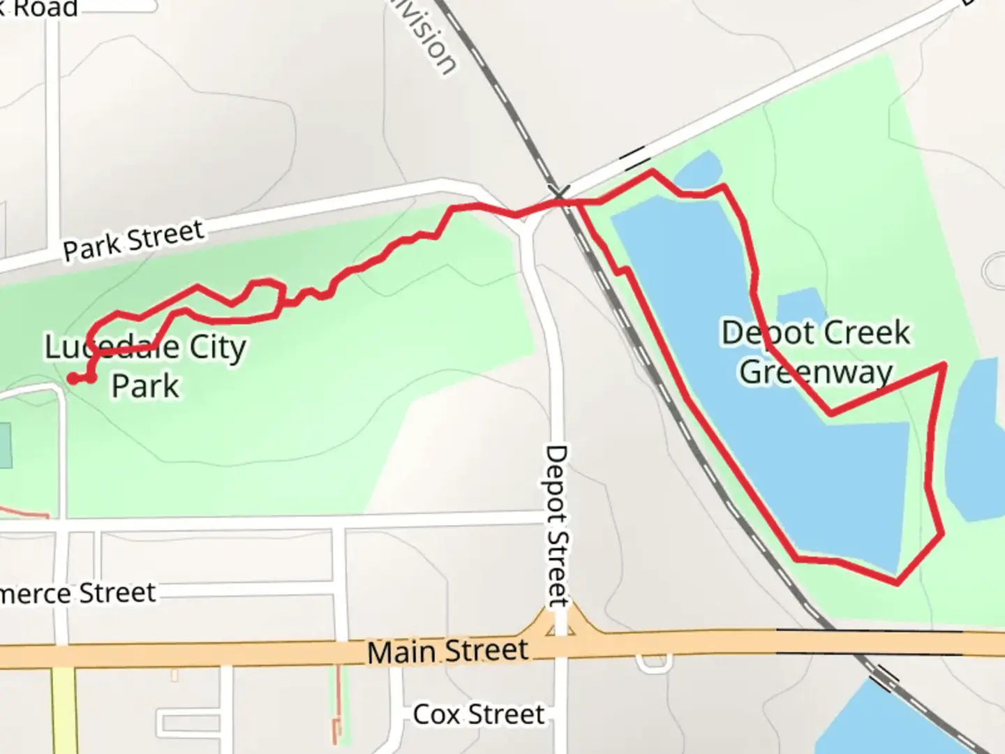An image depicting the trail Lucedale City Park and Depot Creek Greenway Loop and its surrounding area.