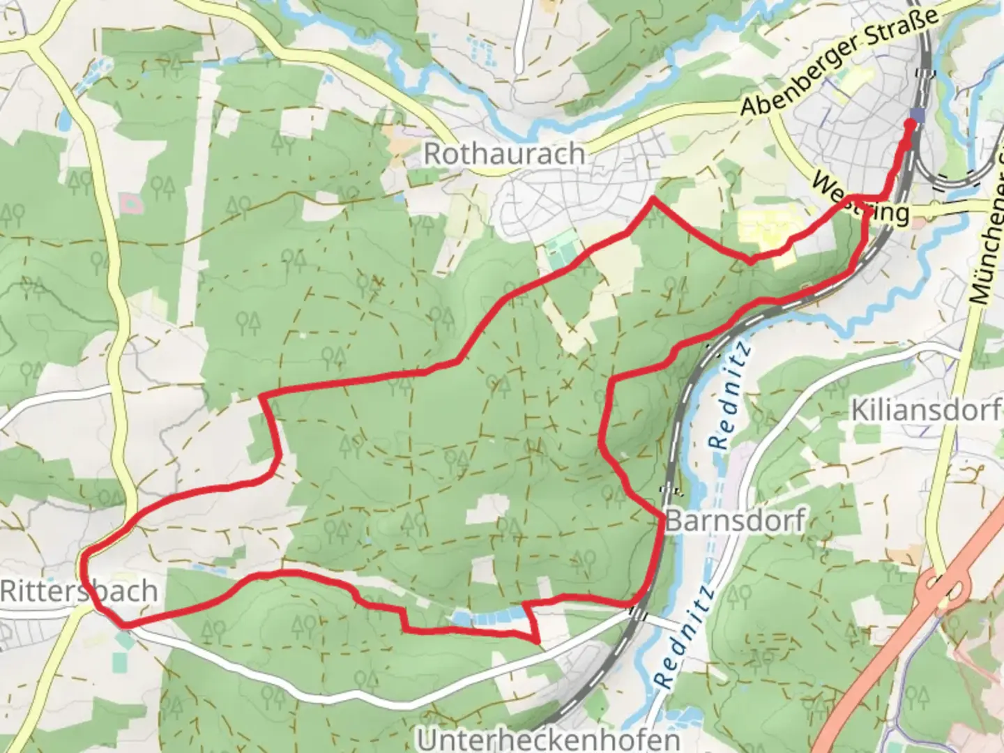 An image depicting the trail Weinberg Rednitztal Loop and its surrounding area.