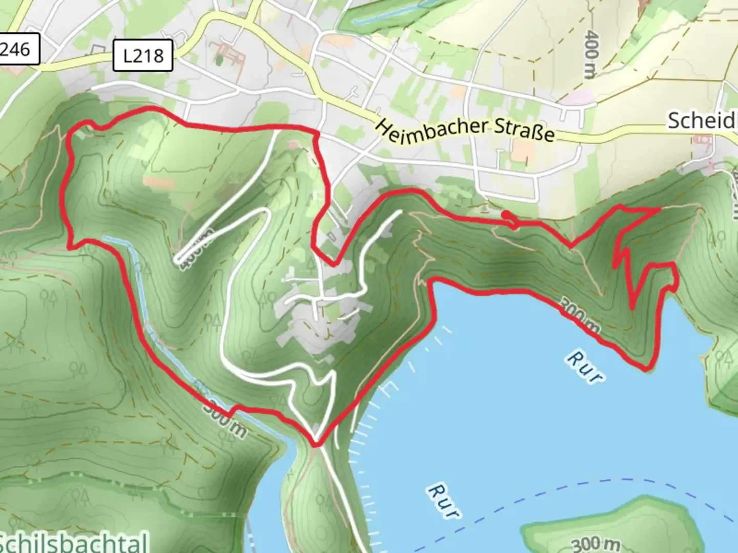 An image depicting the trail Hubertushoehe and Rur via Kroenungsweg and its surrounding area.