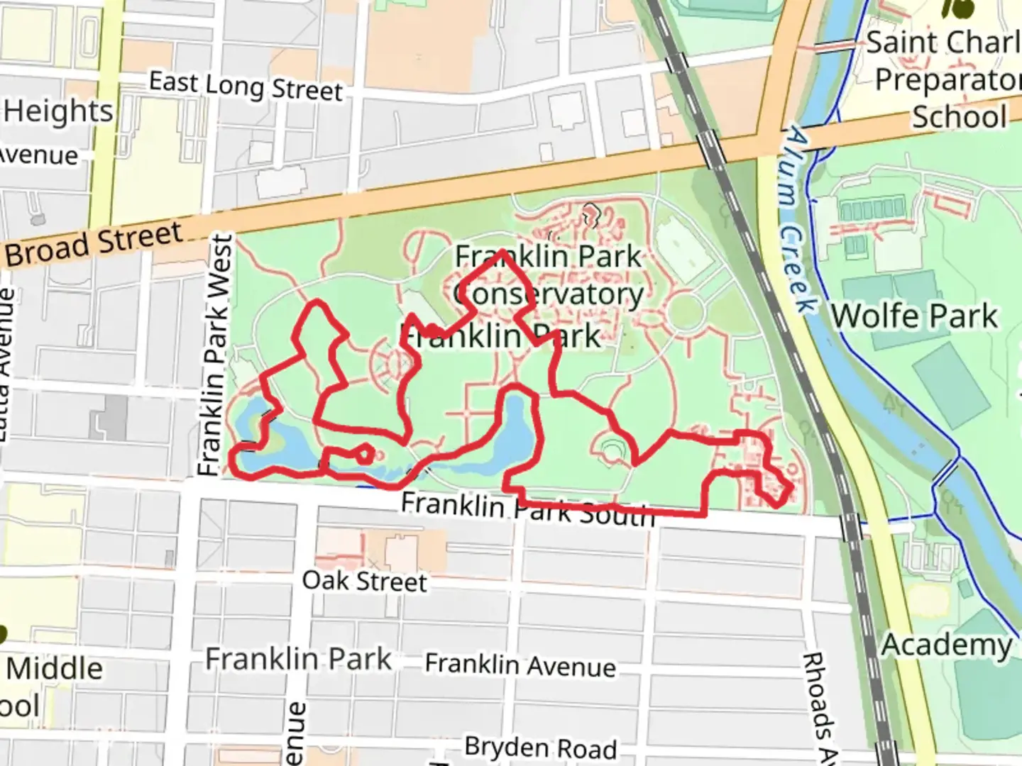 An image depicting the trail Franklin Park Loop and its surrounding area.
