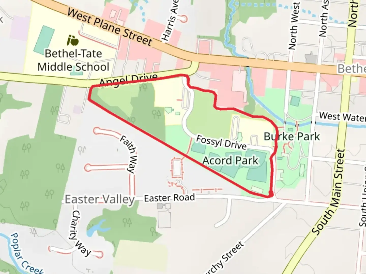 An image depicting the trail Acord Park Loop and its surrounding area.
