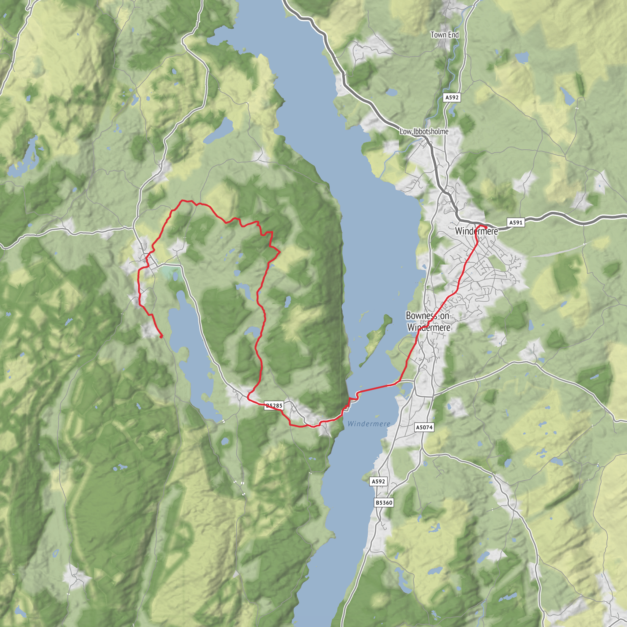 YHA Hawkshead to Windermere via Esthwaite Water and Moss Eccles Tarn mobile static map