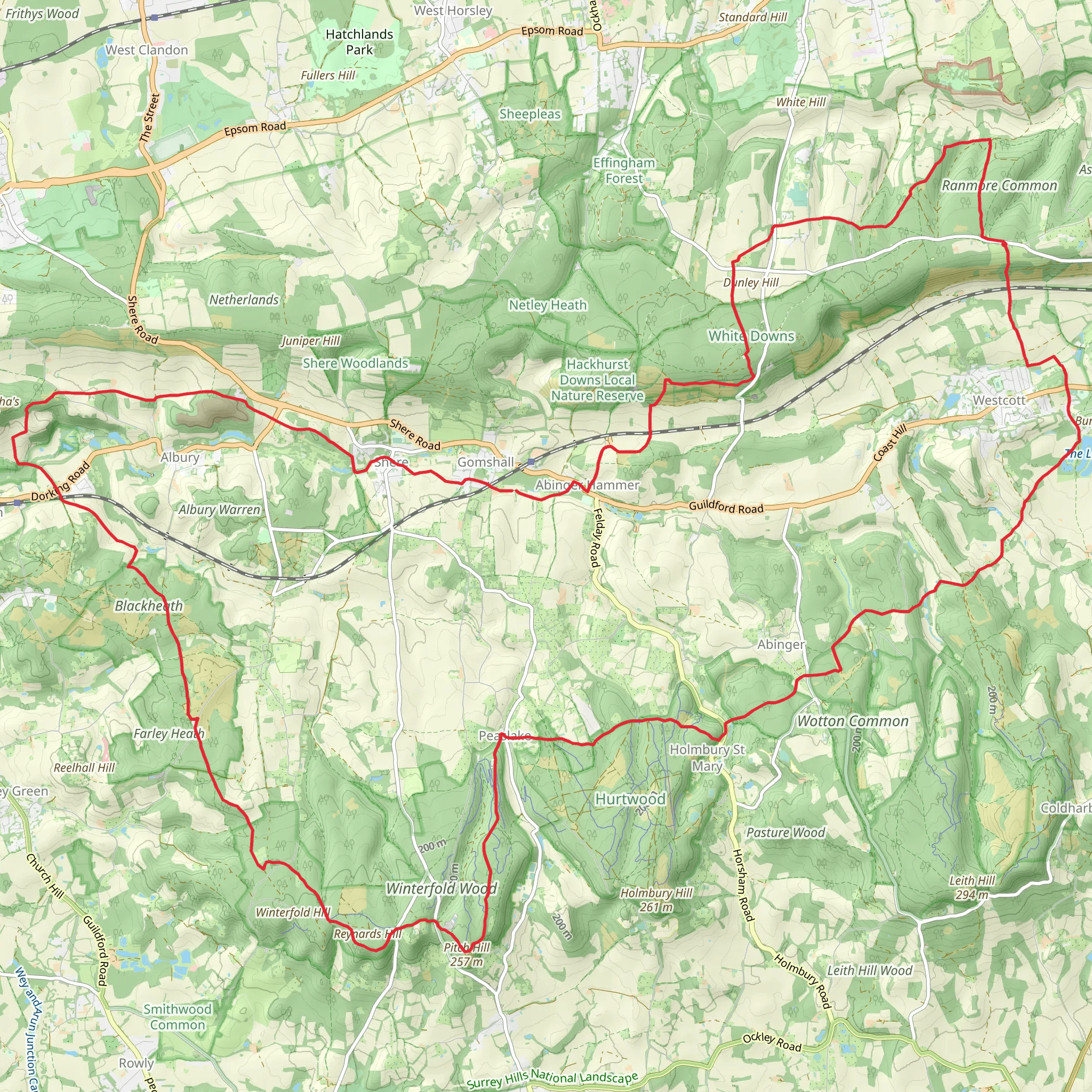 Around Surrey Hills from Ranmore Common mobile static map