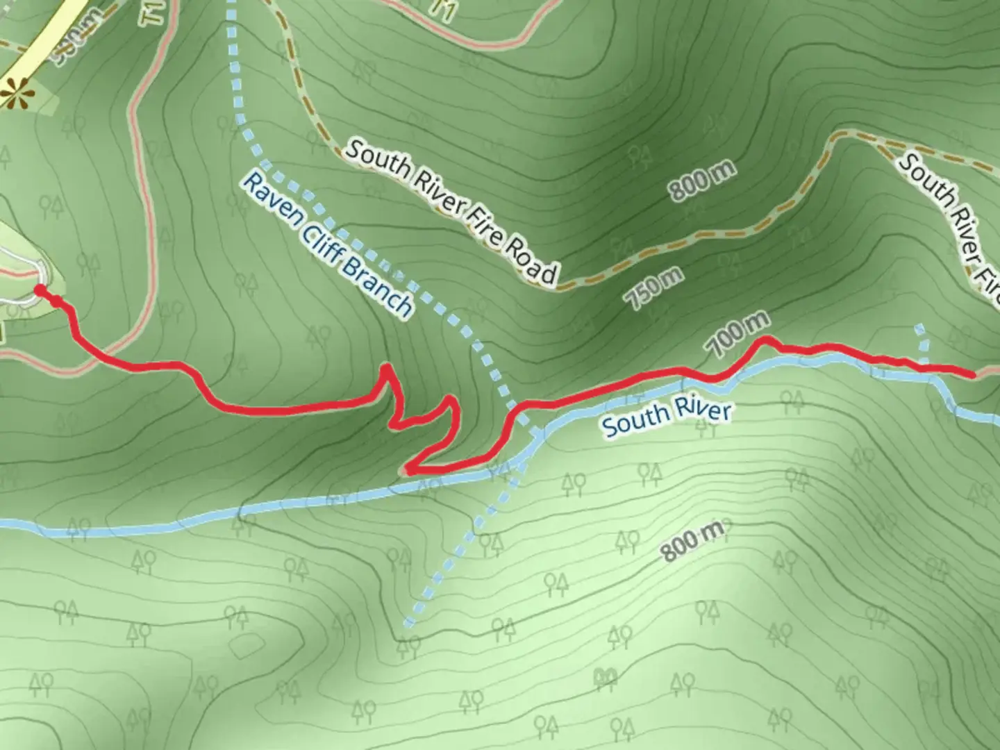 An image depicting the trail South River Falls Trail from Skyline Road and its surrounding area.