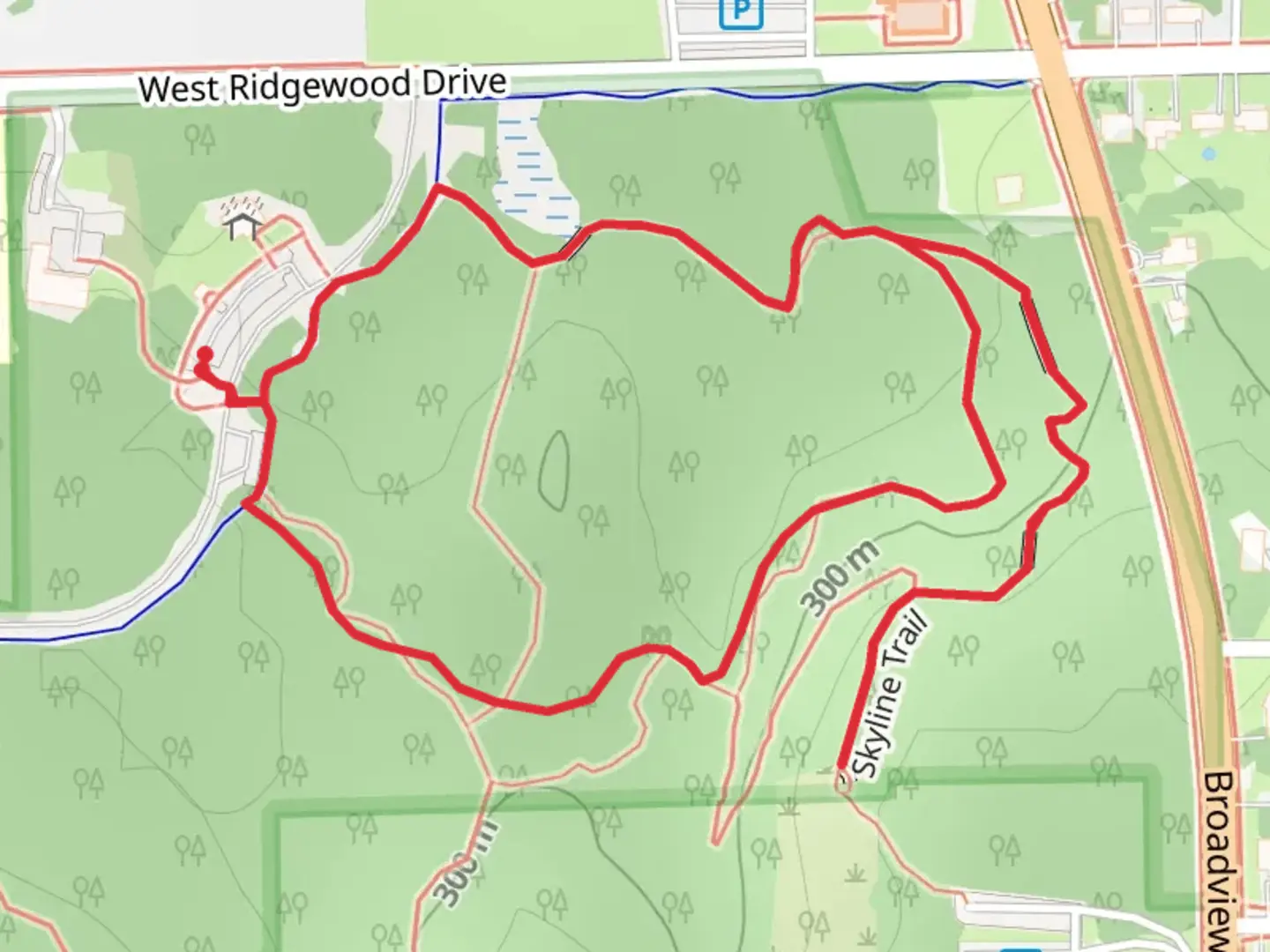 An image depicting the trail Skyline Loop Trail from West Ridgewood Drive and its surrounding area.