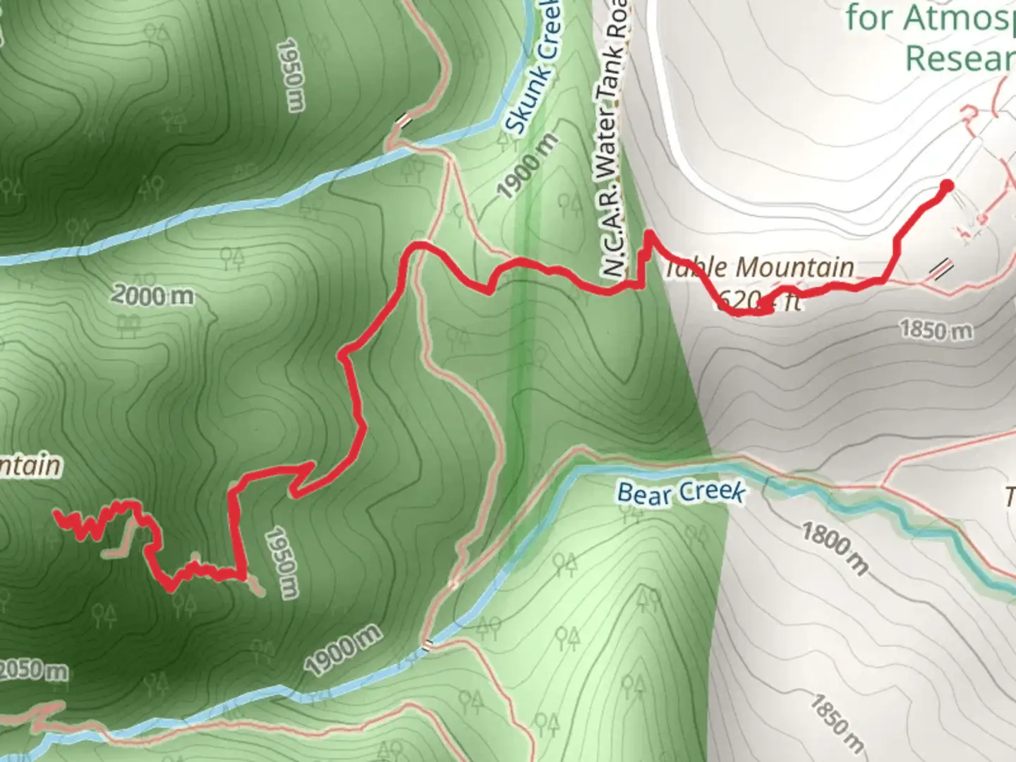 An image depicting the trail Mallory Cave via NCAR Trail and its surrounding area.