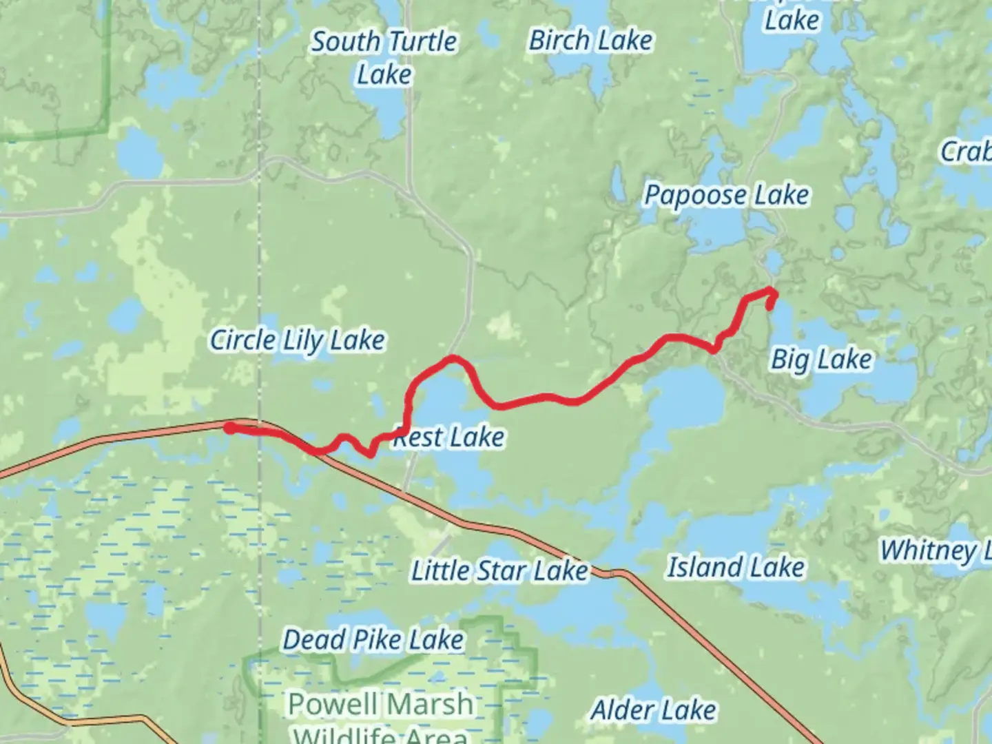 An image depicting the trail Big Lake via Heart of Vilas County Bike Trail and its surrounding area.