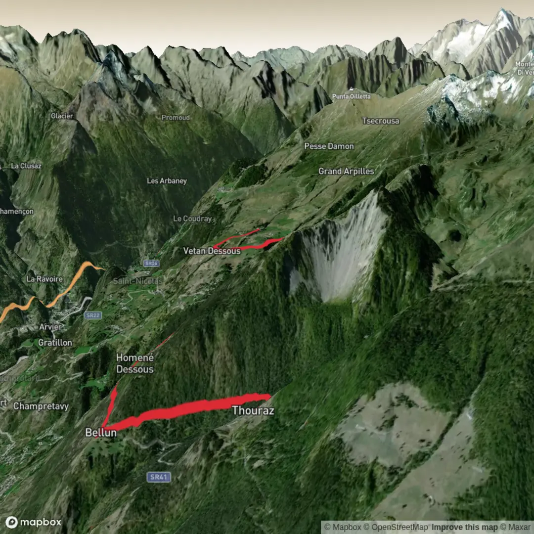 An image depicting the trail Day 2 Thouraz di Sopra to Vetan and its surrounding area.