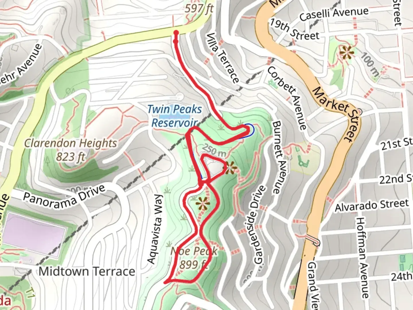 An image depicting the trail Twin Peaks Knot via Twin Peaks Boulevard and its surrounding area.