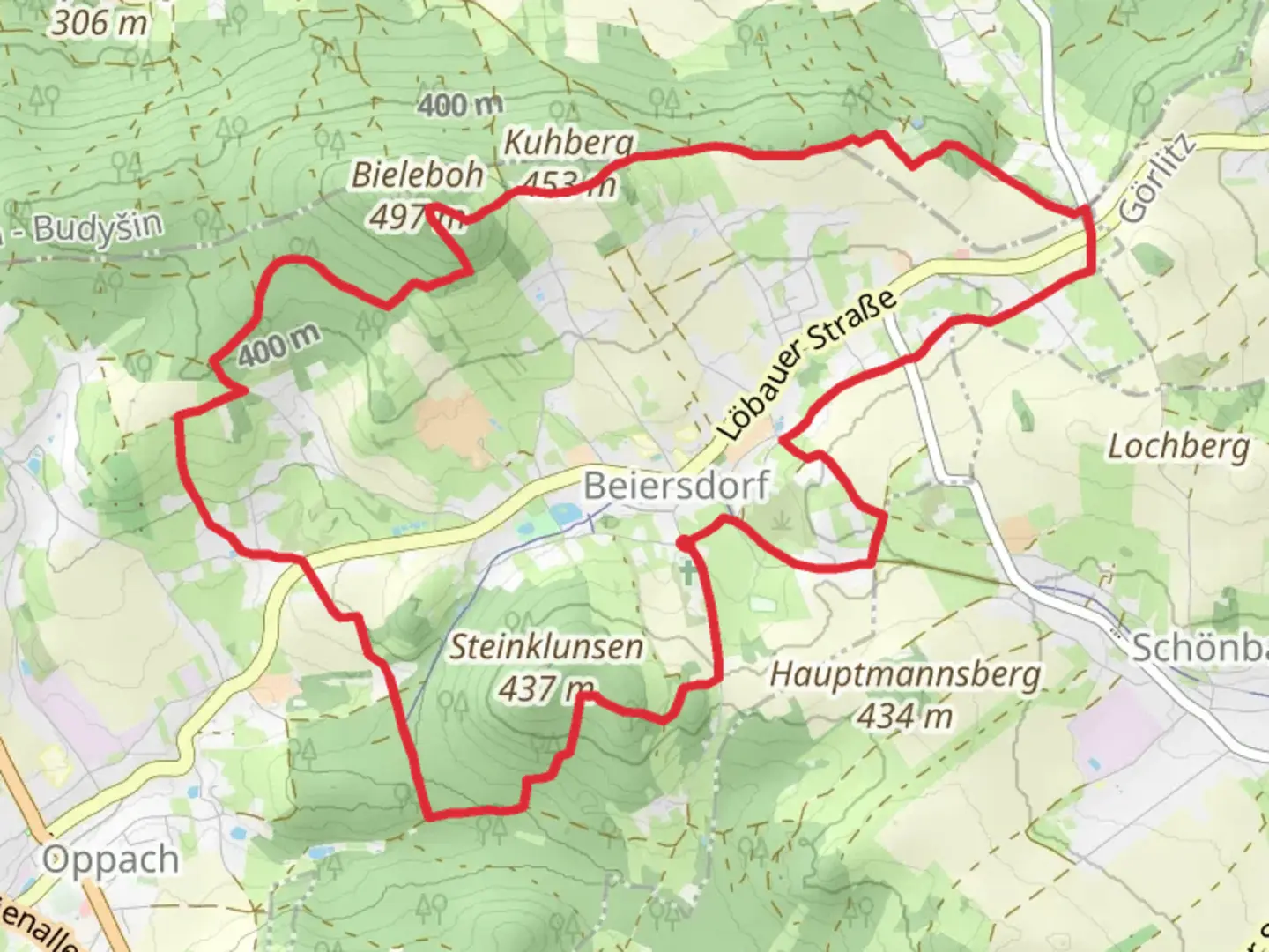 An image depicting the trail Beiersdorfer Ringweg and its surrounding area.
