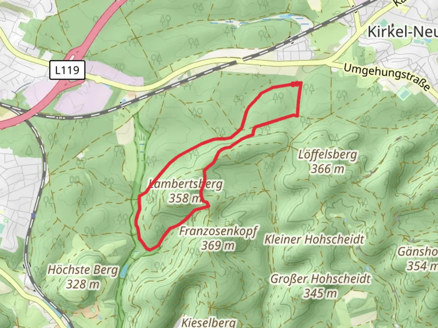 An image depicting the trail Geißbachwald and Lambertsberg Loop and its surrounding area.