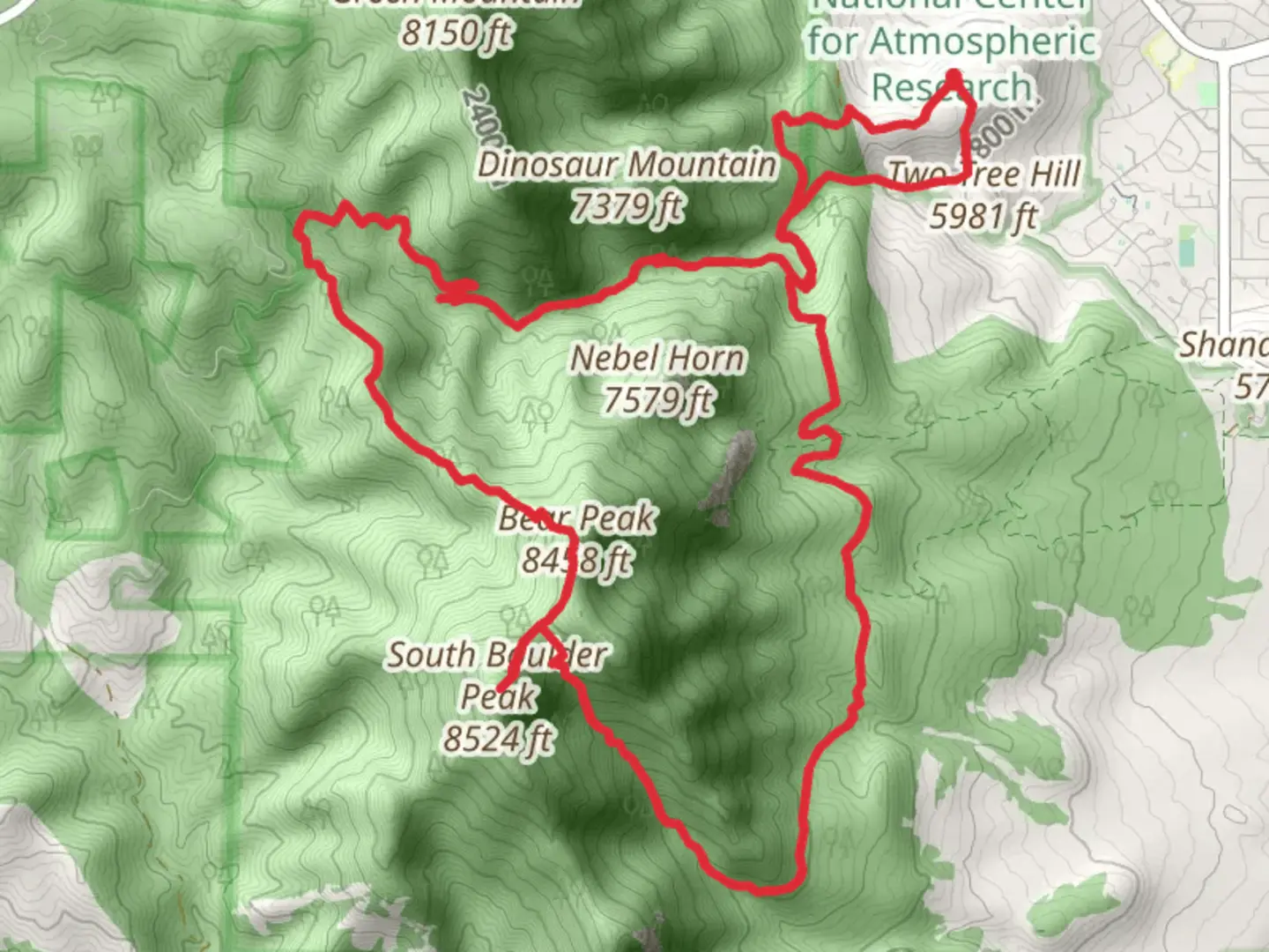 An image depicting the trail NCAR Trail, Shadow Canyon and Mesa Trail Loop and its surrounding area.