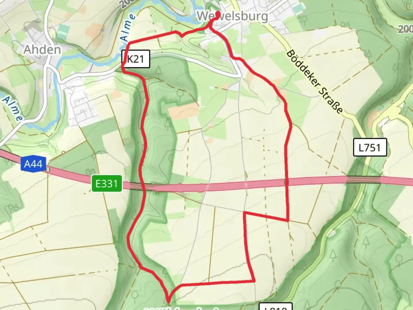 An image depicting the trail Ahdener Talweg Loop and its surrounding area.