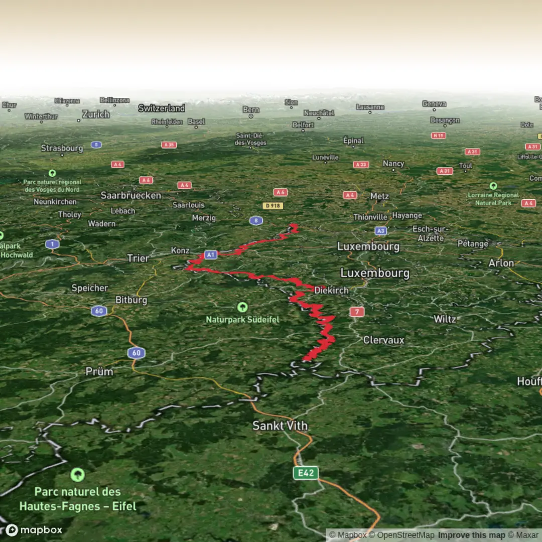 An image depicting the trail E2 in Luxembourg and its surrounding area.